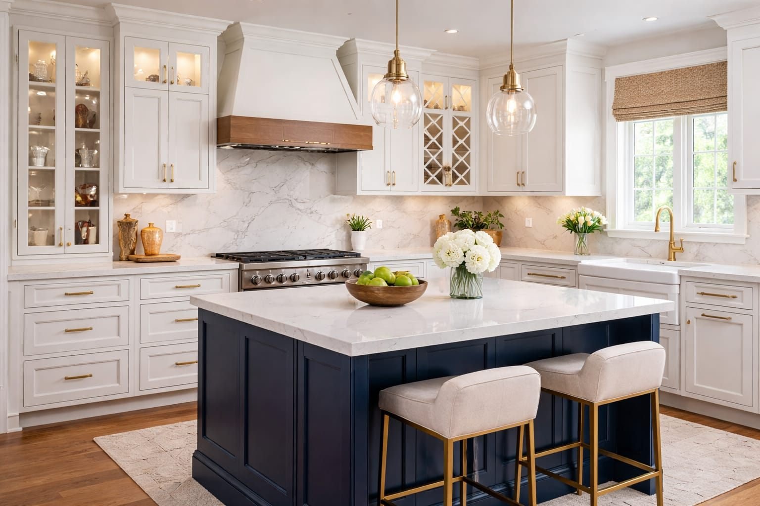 Kitchen remodel with navy island and brass fixtures by Duran PMR