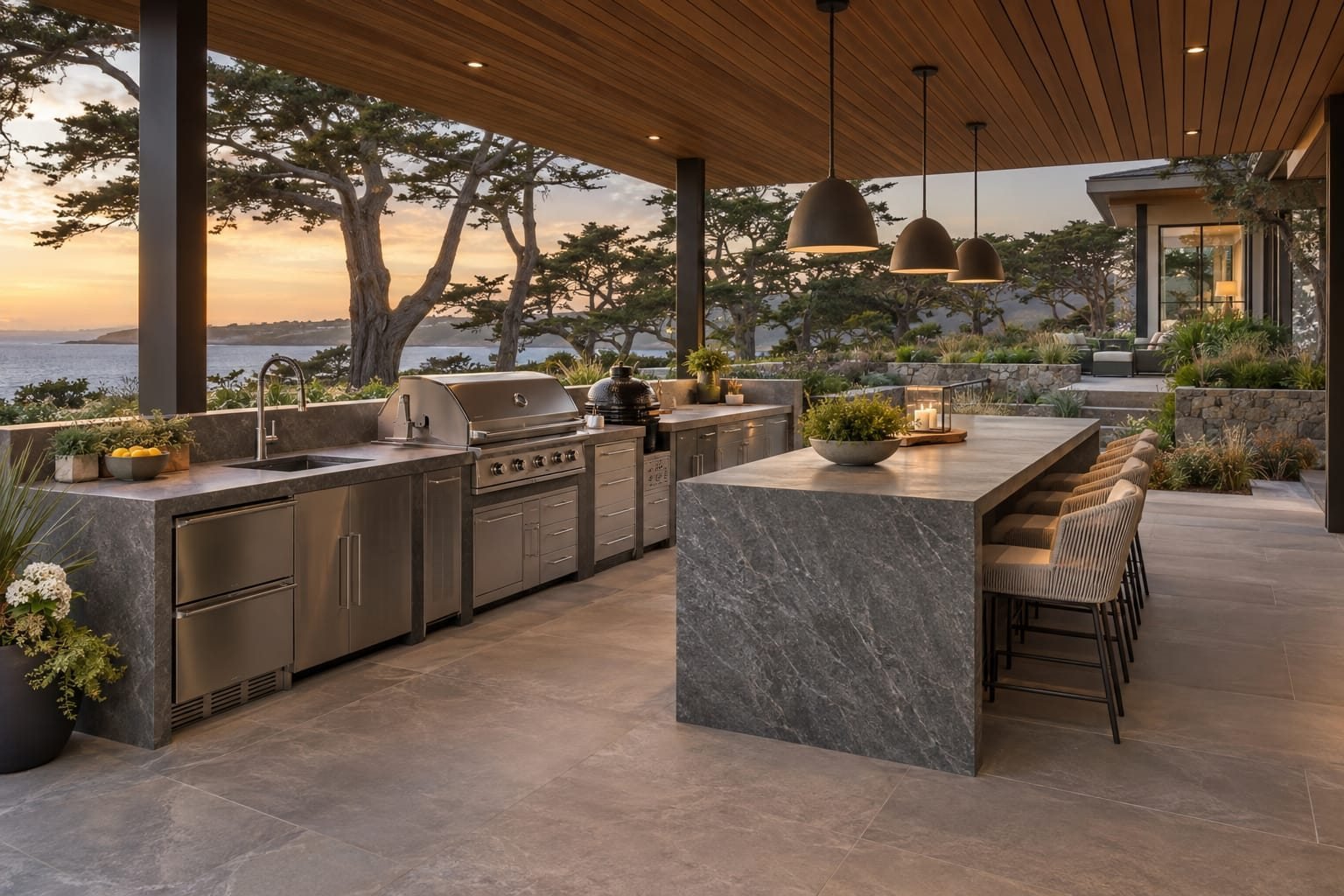 Covered outdoor kitchen with stone island, built-in grill, and coastal view