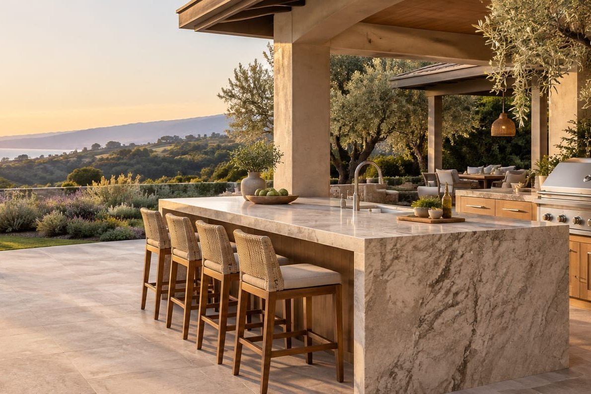 Outdoor kitchen and patio with layered planting and hillside view